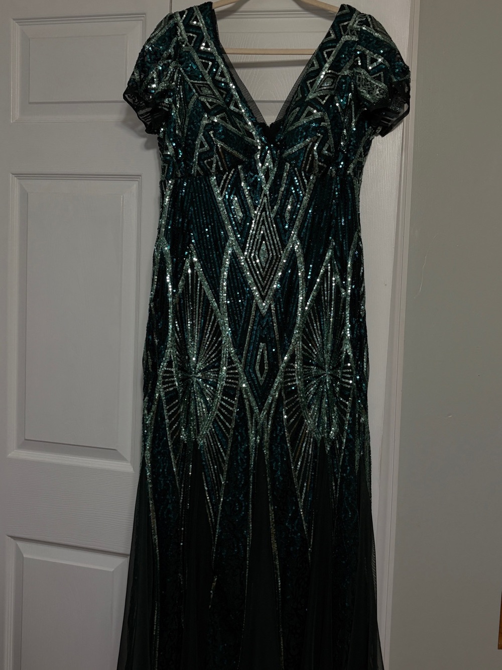 R&M Richards Teal Sequin V-Neck Evening Gown formal 12p